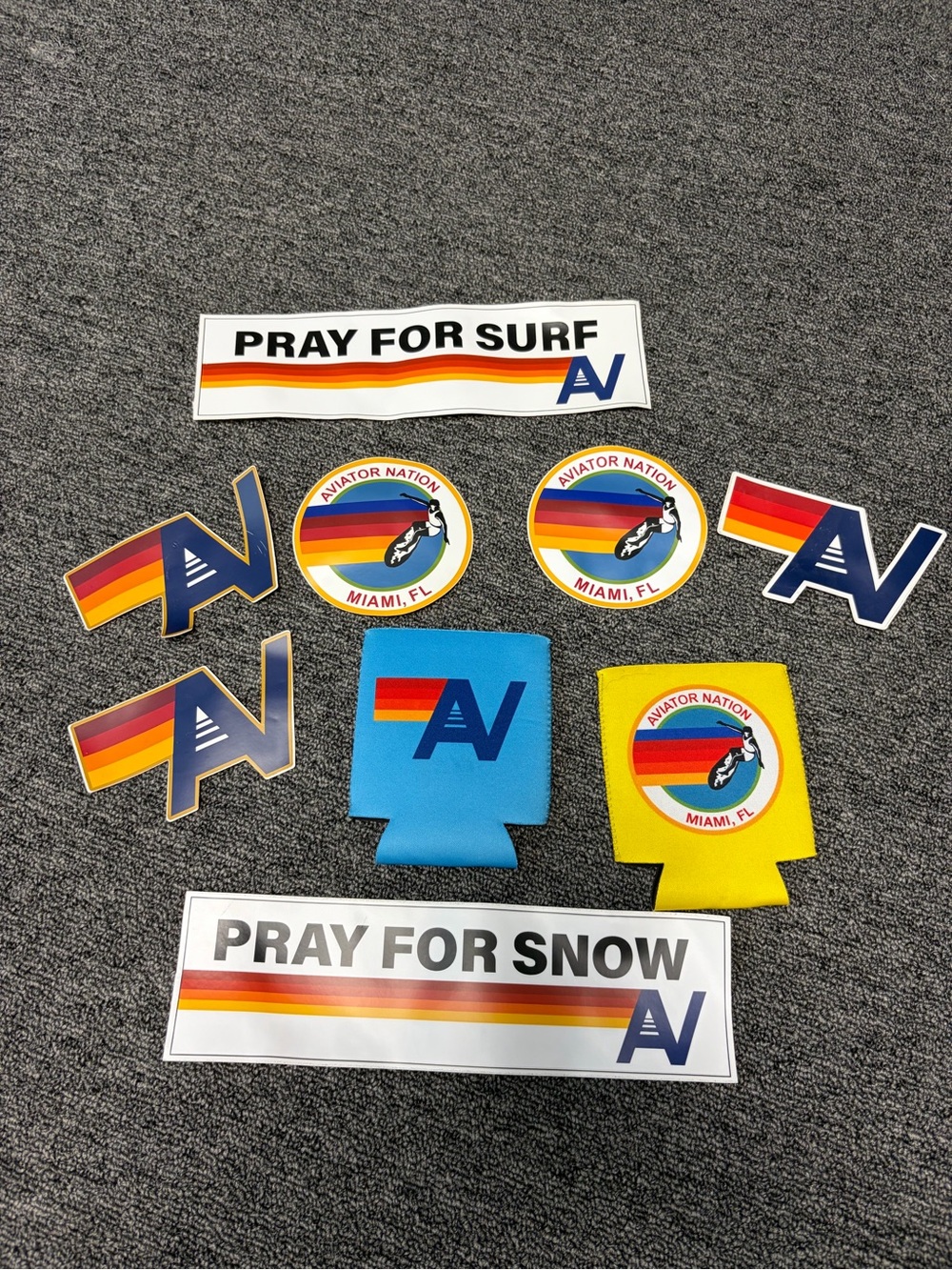 Aviator Nation Blue, Yellow & Red Retro Logo Sticker and Koozie Set
